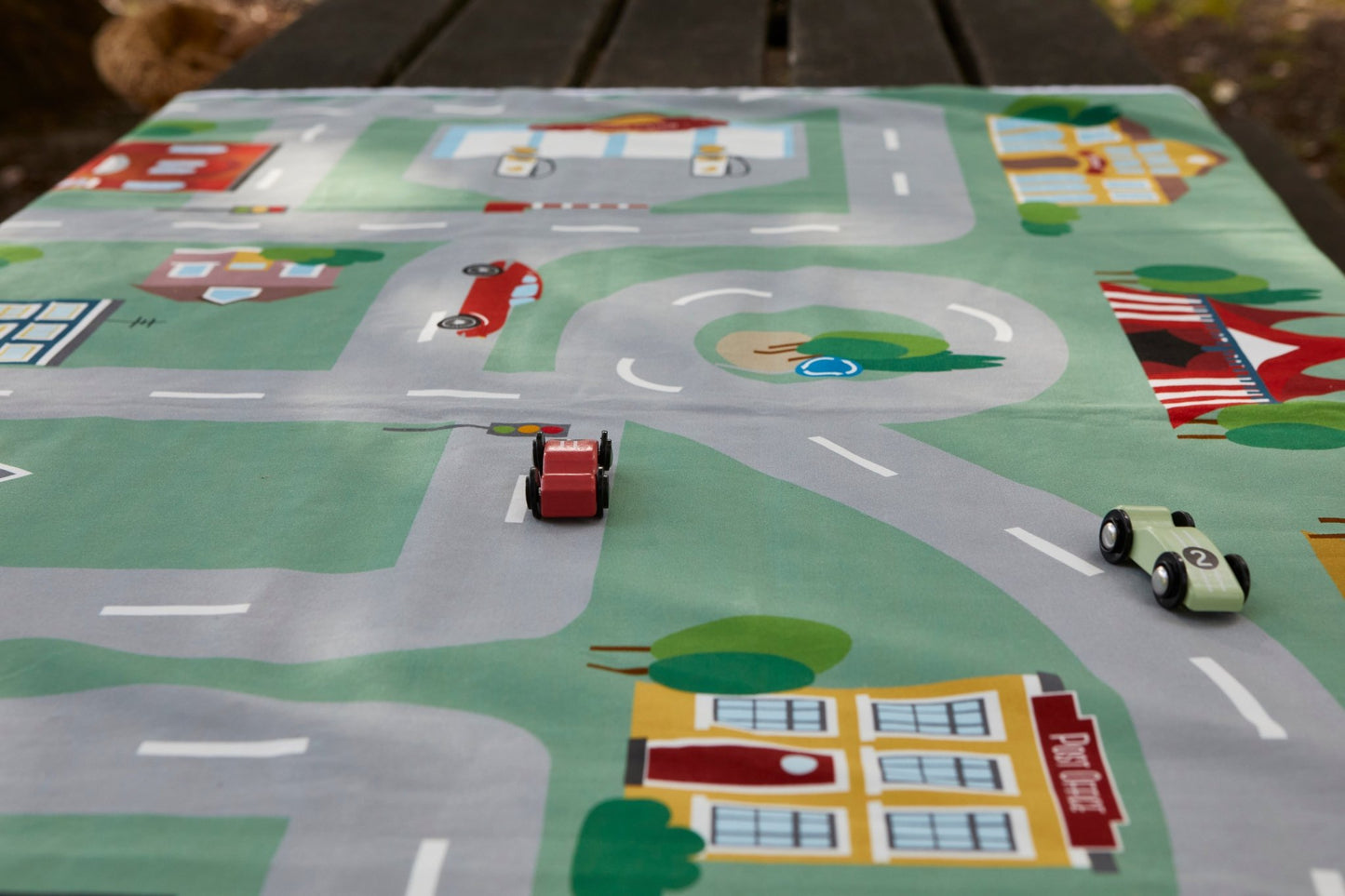 Children’s Double - Sided Cotton Car Playmat – Town & Racetrack Design with Wooden Cars - Wonderful Little Company ™
