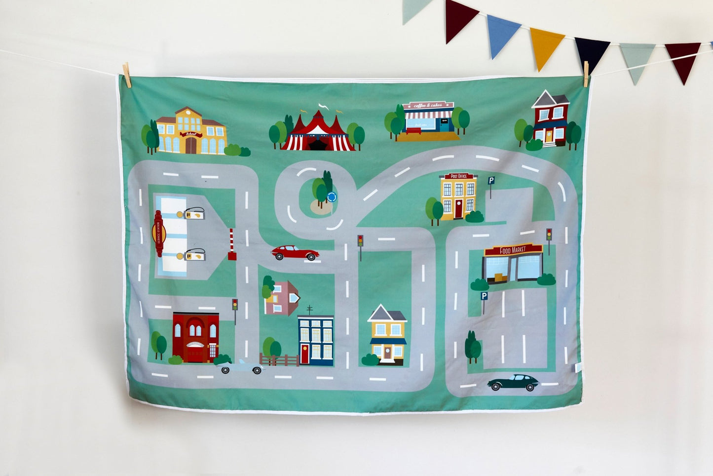 Children’s Double - Sided Cotton Car Playmat – Town & Racetrack Design with Wooden Cars - Wonderful Little Company ™