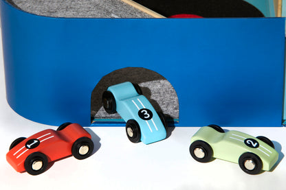 Racing Car Set  (3 Wooden Cars: #1, #2, #3), FSC sustainable timber, non-toxic paint