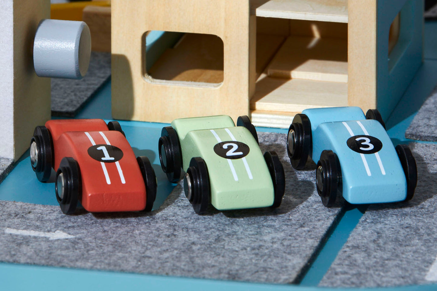 Racing Car Set  (3 Wooden Cars: #1, #2, #3), FSC sustainable timber, non-toxic paint