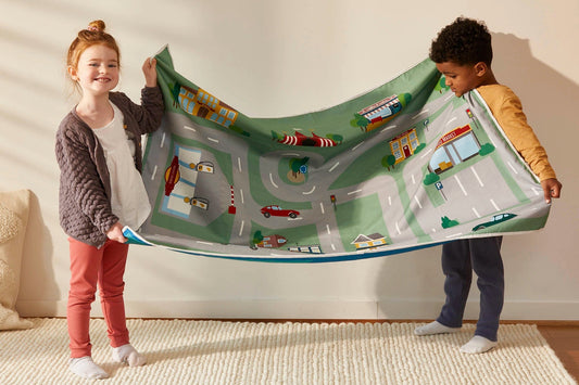 Playmat set for car lovers 100% cotton (includes 2 wooden cars) - Wonderful Little Company ™